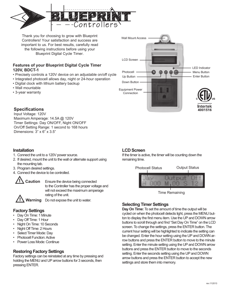Specifications Installation Factory Settings Restoring Factory Specifications Installation Factory Settings Restoring Factory