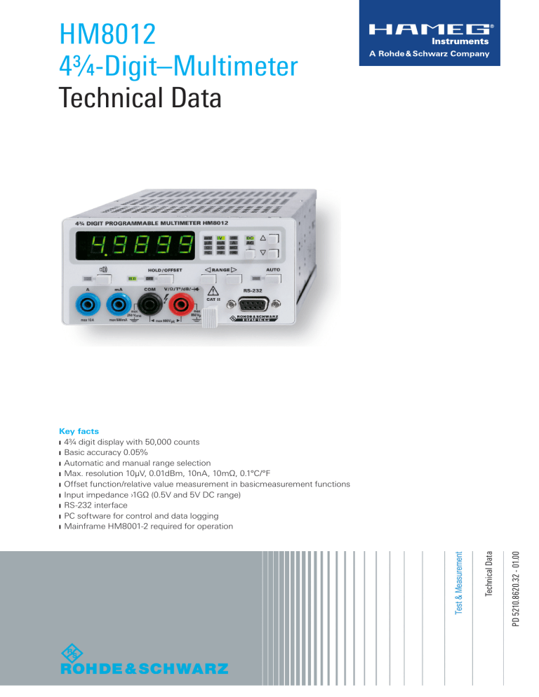 HM8012 4¾-Digit–Multimeter Technical Data HM8012 4¾-Digit–Multimeter Technical Data