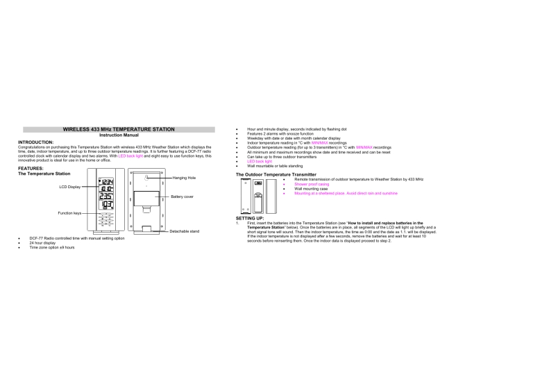 WIRELESS 433 MHz TEMPERATURE STATION WIRELESS 433 MHz TEMPERATURE STATION