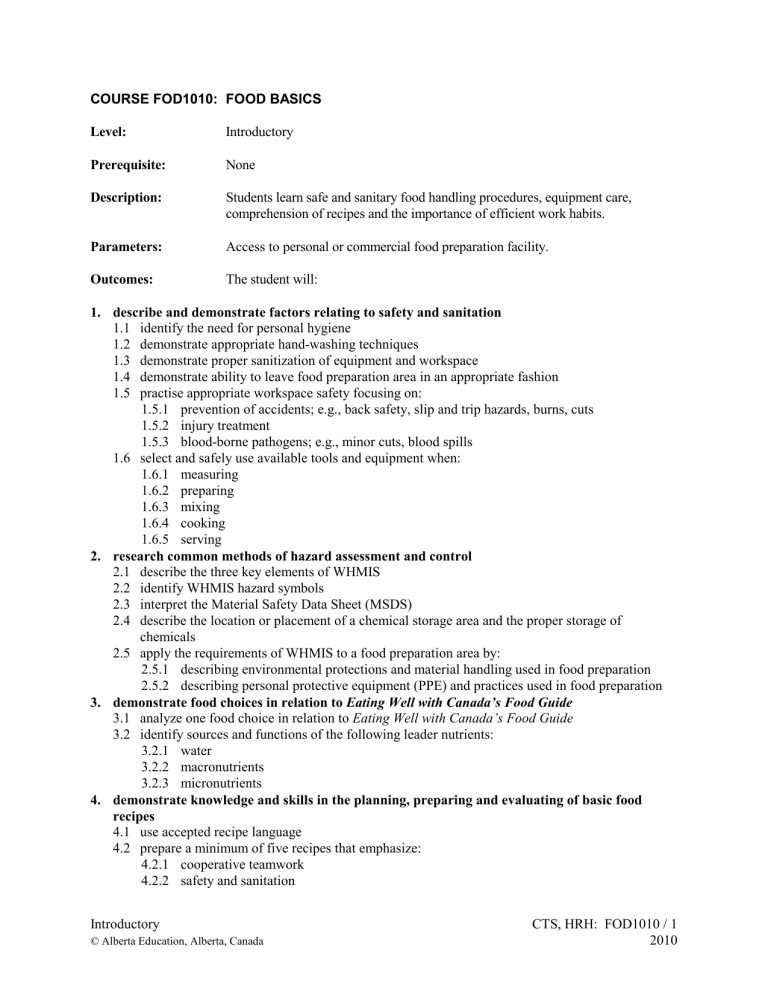 FOOD BASICS Level - Alberta Education FOOD BASICS Level - Alberta Education