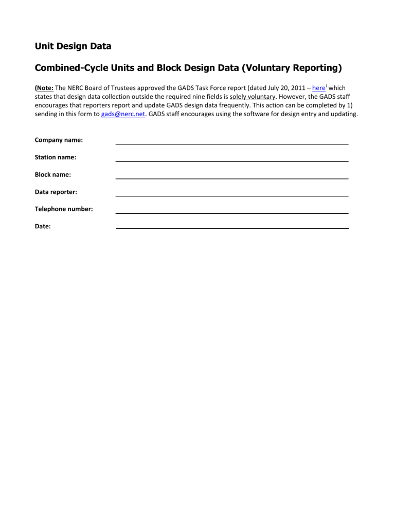 Unit Design Data Combined-Cycle Units and Block Design Data Unit Design Data Combined-Cycle Units and Block Design Data