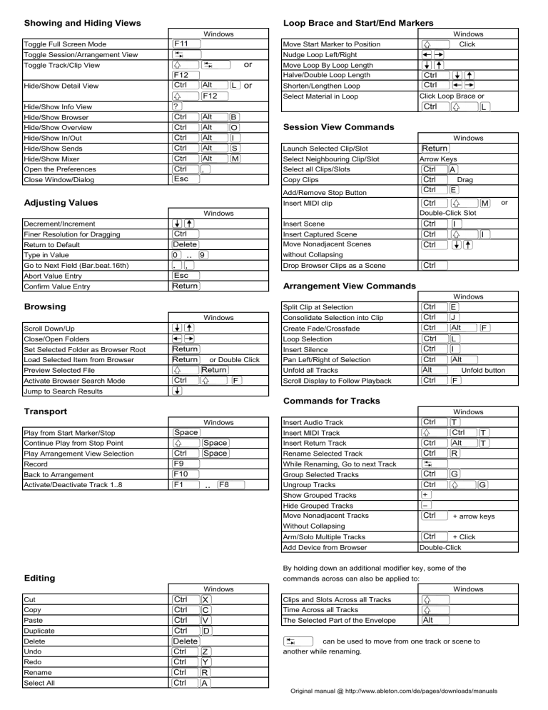 Ableton Live Keyboard Shortcuts Ableton Live Keyboard Shortcuts