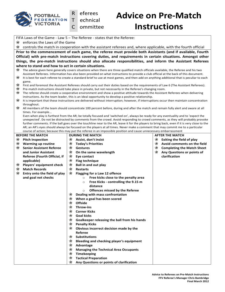 Pre-Match Instructions - Football Federation Victoria Pre-Match Instructions - Football Federation Victoria
