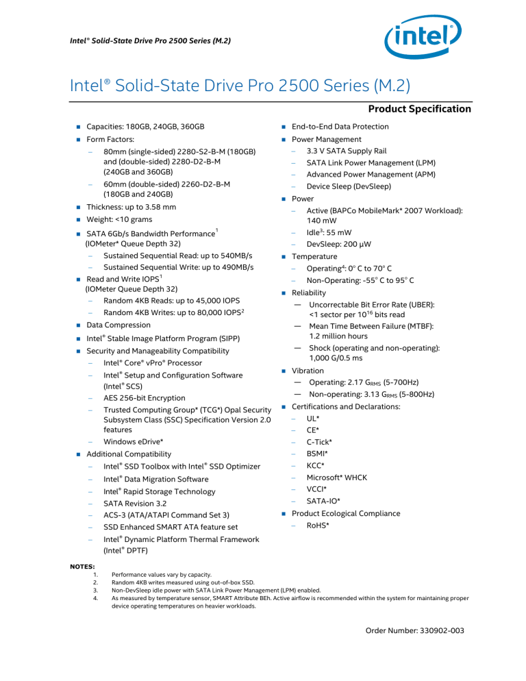 Intel® Solid State Drive Pro 2500 Series Product Specification, M.2 Intel® Solid State Drive Pro 2500 Series Product Specification, M.2