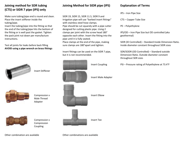 Joining method for SDR tubing (CTS) or SIDR 7 pipe (IPS) only Joining method for SDR tubing (CTS) or SIDR 7 pipe (IPS) only