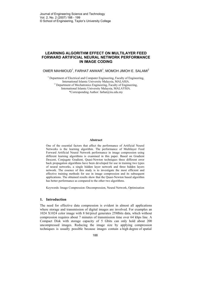Learning algorithm effect on multilayer feed forward artificial neural Learning algorithm effect on multilayer feed forward artificial neural