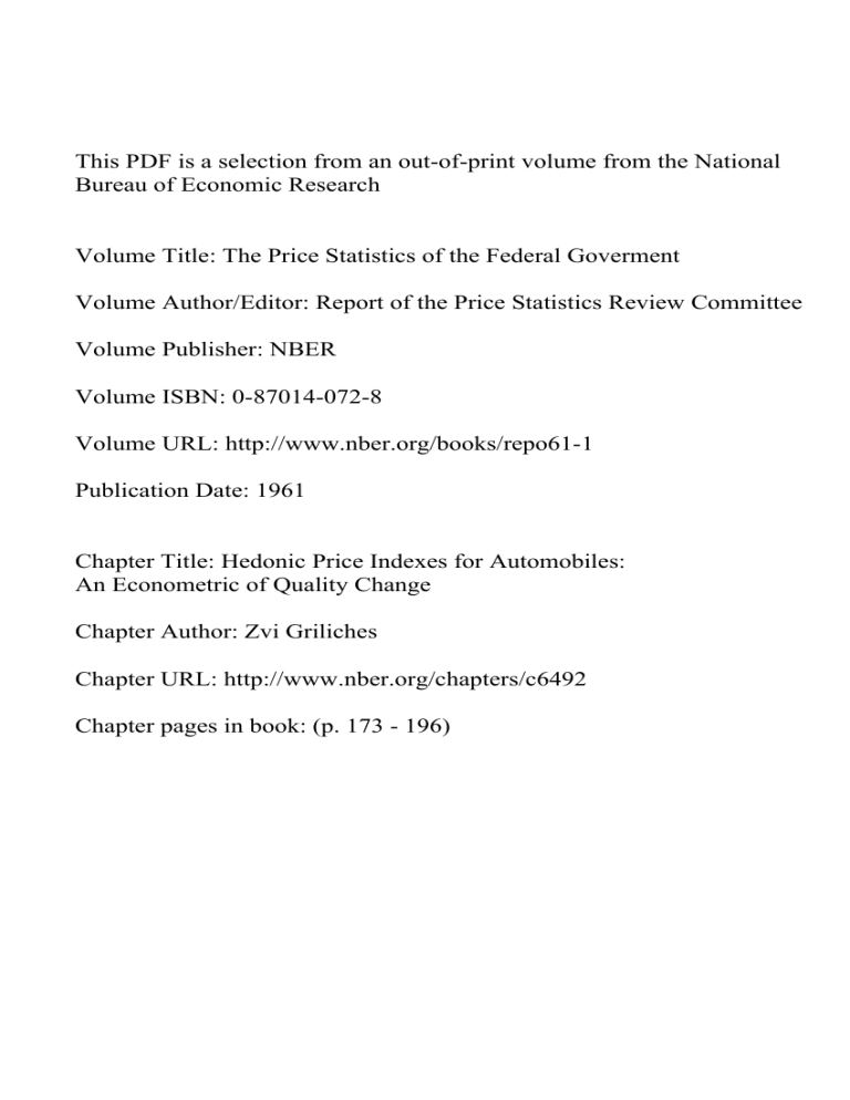 Hedonic Price Indexes for Automobiles: An Econometric of Quality Hedonic Price Indexes for Automobiles: An Econometric of Quality