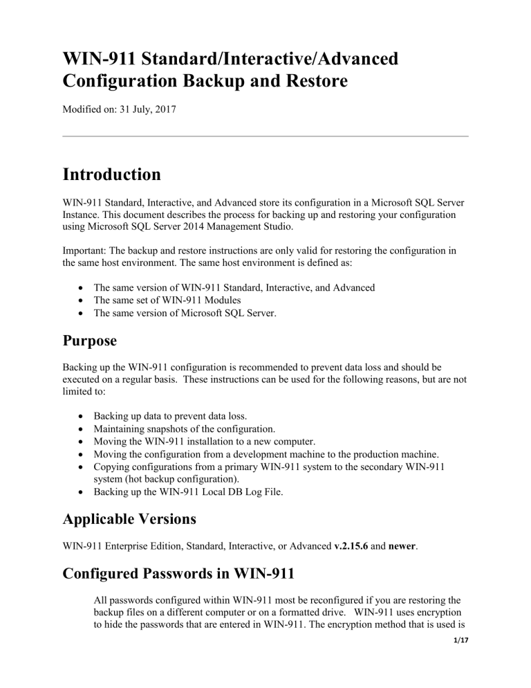 WIN-911 Configuration Backup and Restore WIN-911 Configuration Backup and Restore