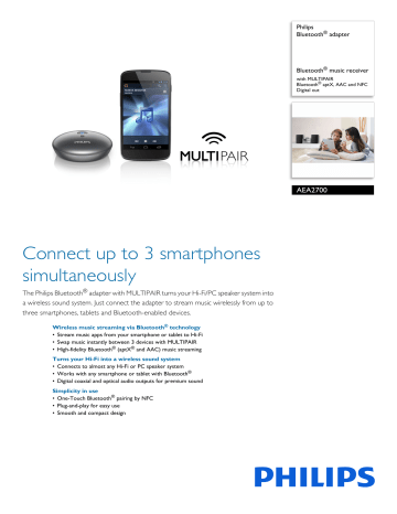 Philips AEA2700/12 Bluetooth® adapter Product Datasheet | Manualzz Philips AEA2700/12 Bluetooth® adapter Product Datasheet | Manualzz