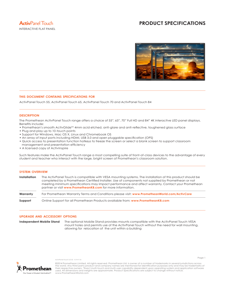 PRODUCT SPECIFICATIONS ActivPanel Touch PRODUCT SPECIFICATIONS ActivPanel Touch
