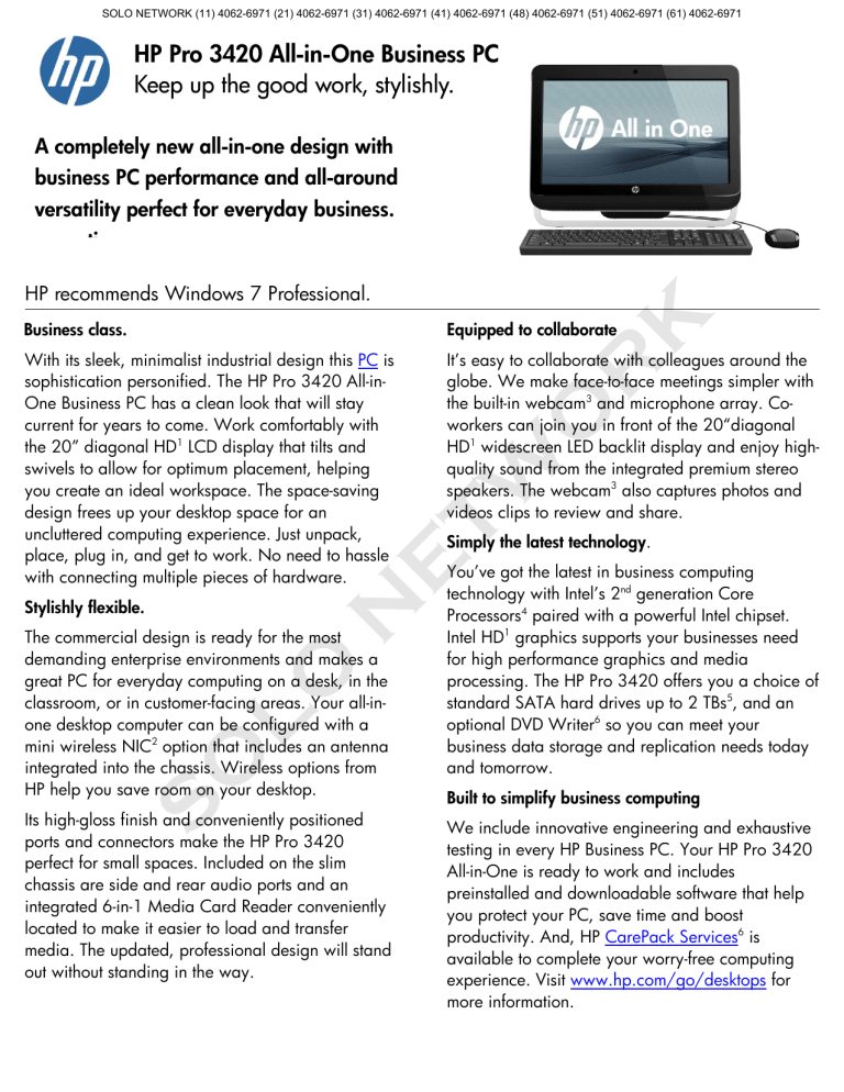 Desktop HP Pro 3420 | Solo Network Desktop HP Pro 3420 | Solo Network
