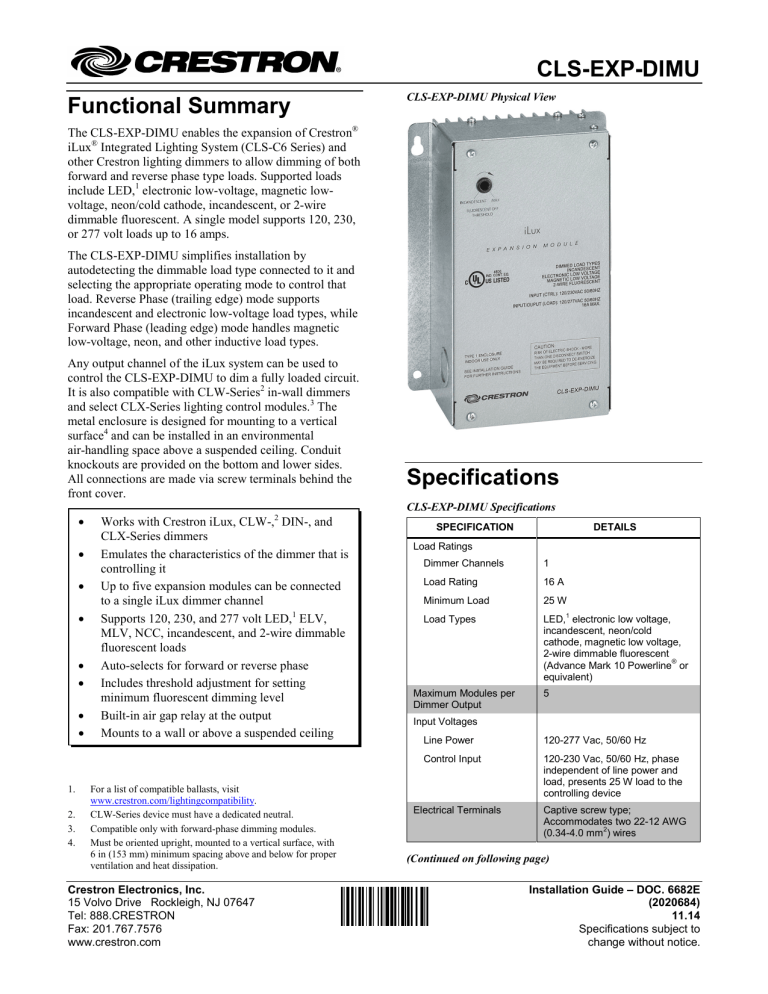 Crestron CLS-EXP-DIMU Installation guide Crestron CLS-EXP-DIMU Installation guide