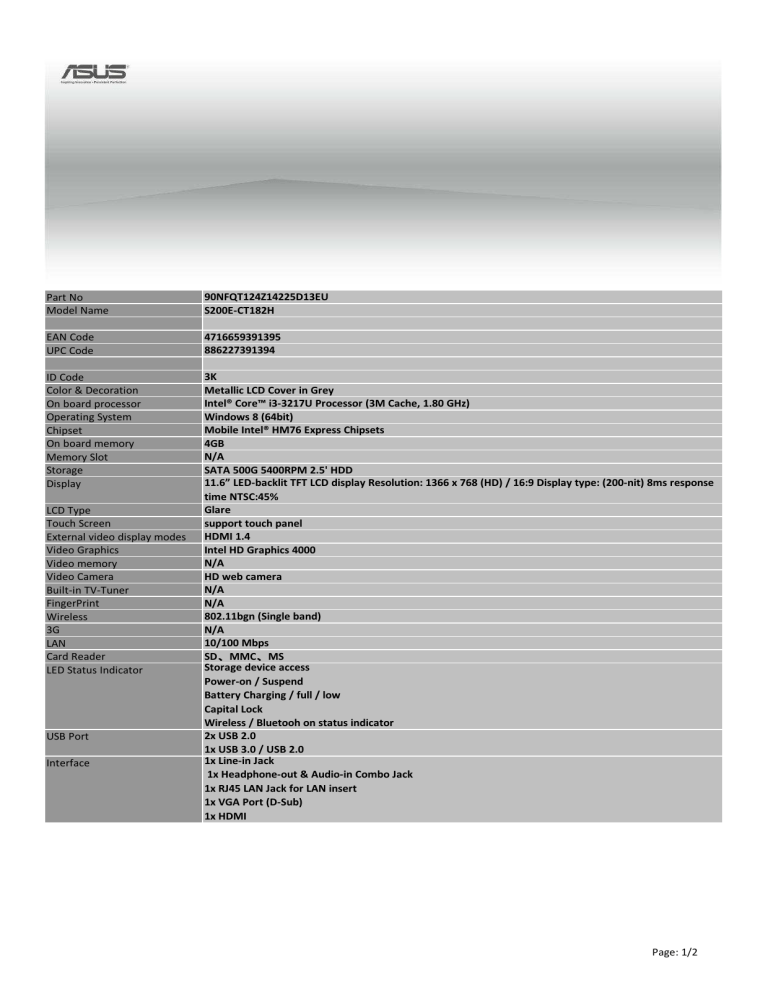 Part No 90NFQT124Z14225D13EU Model Name S200E Part No 90NFQT124Z14225D13EU Model Name S200E