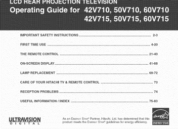 Hitachi 42V710 LCD Rear Projection Television Owner's Manual | Manualzz Hitachi 42V710 LCD Rear Projection Television Owner's Manual | Manualzz