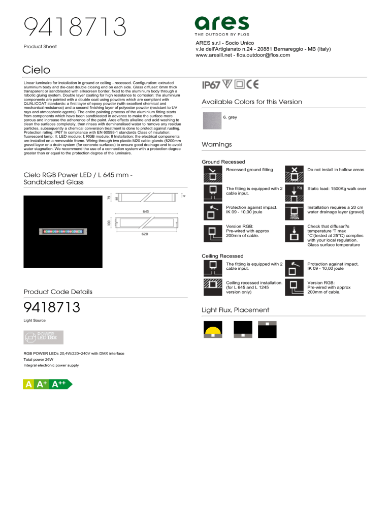 Cielo RGB Power LED / L 645 mm - Sandblasted Glass Product Cielo RGB Power LED / L 645 mm - Sandblasted Glass Product