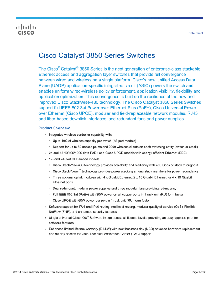 Cisco Catalyst 3850 Series Switches Data Sheet Cisco Catalyst 3850 Series Switches Data Sheet