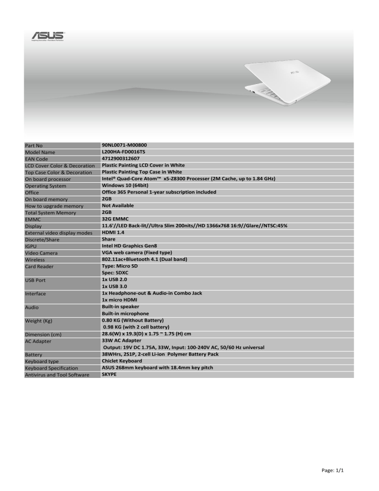 Part No 90NL0071-M00800 Model Name L200HA Part No 90NL0071-M00800 Model Name L200HA