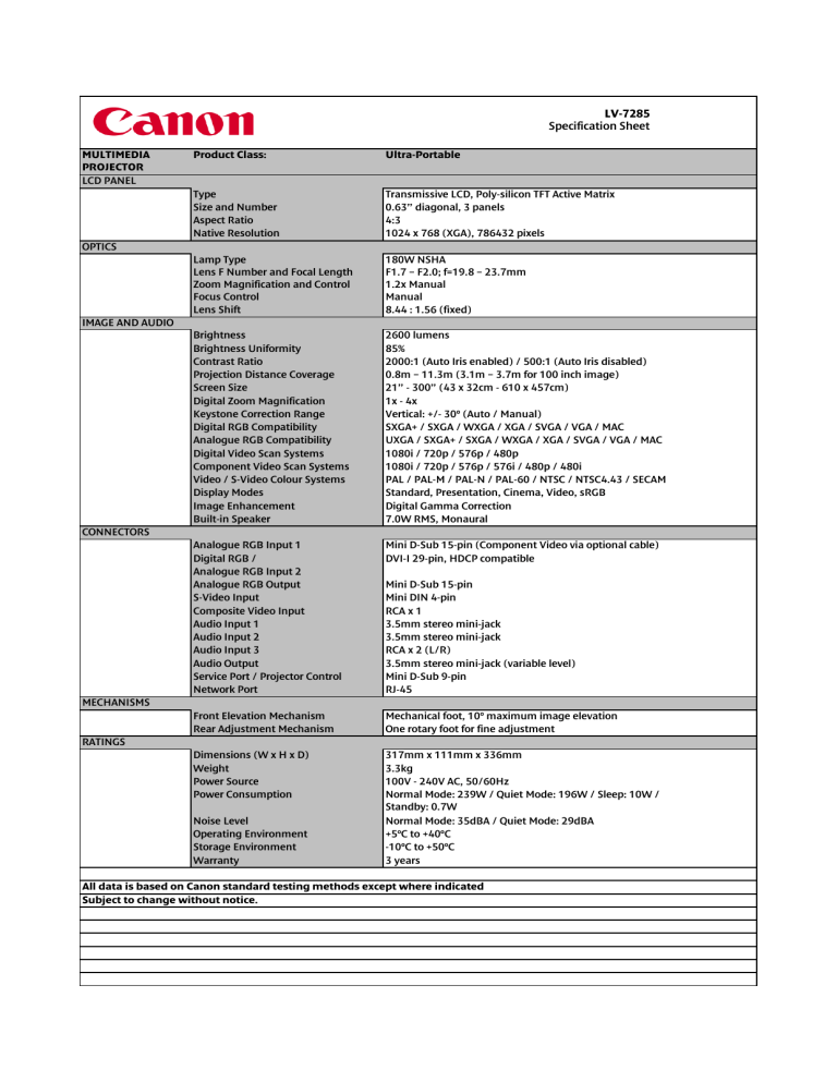 LV-7285 Specification Sheet LV-7285 Specification Sheet
