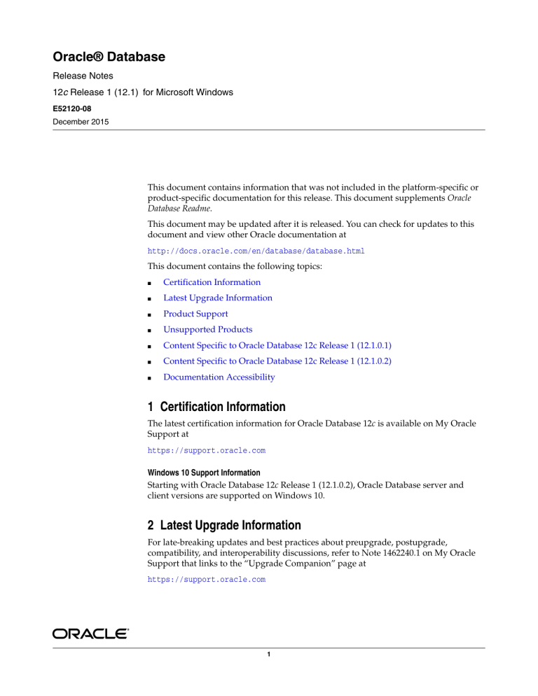 Oracle Database Release Notes Oracle Database Release Notes
