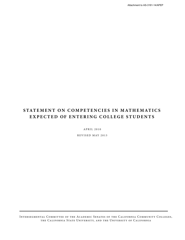 Statement on CompetenCieS in mathematiCS expeCted of entering Statement on CompetenCieS in mathematiCS expeCted of entering