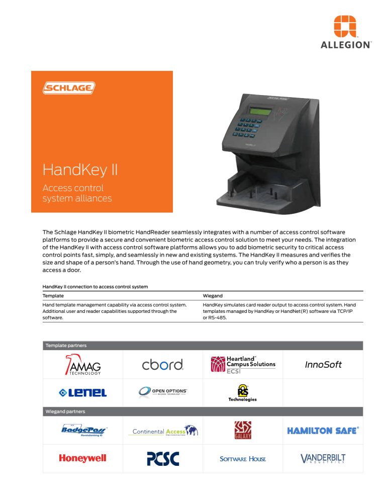 Schlage HandKey II Alliances Data Sheet Schlage HandKey II Alliances Data Sheet