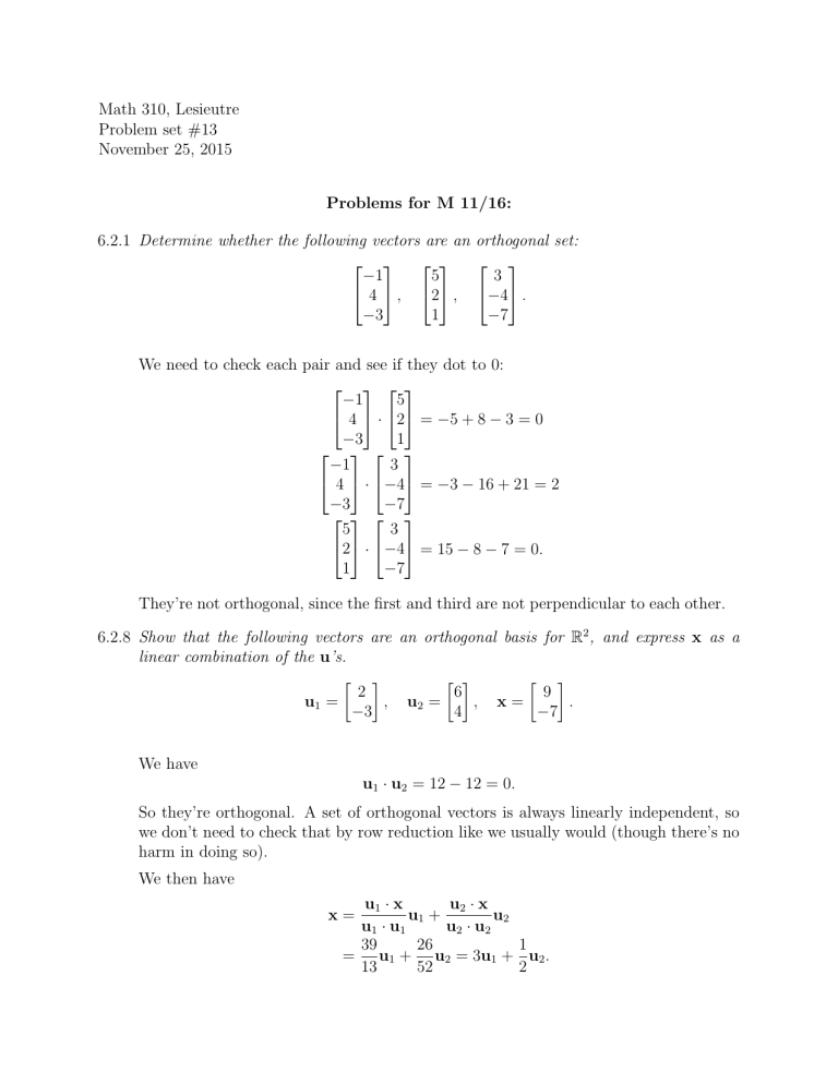 Math 310, Lesieutre Problem set #13 November 25, 2015 Problems Math 310, Lesieutre Problem set #13 November 25, 2015 Problems
