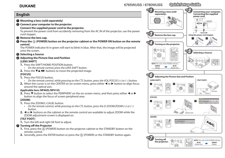 Press the (POWER) button on the projector cabinet or the Press the (POWER) button on the projector cabinet or the