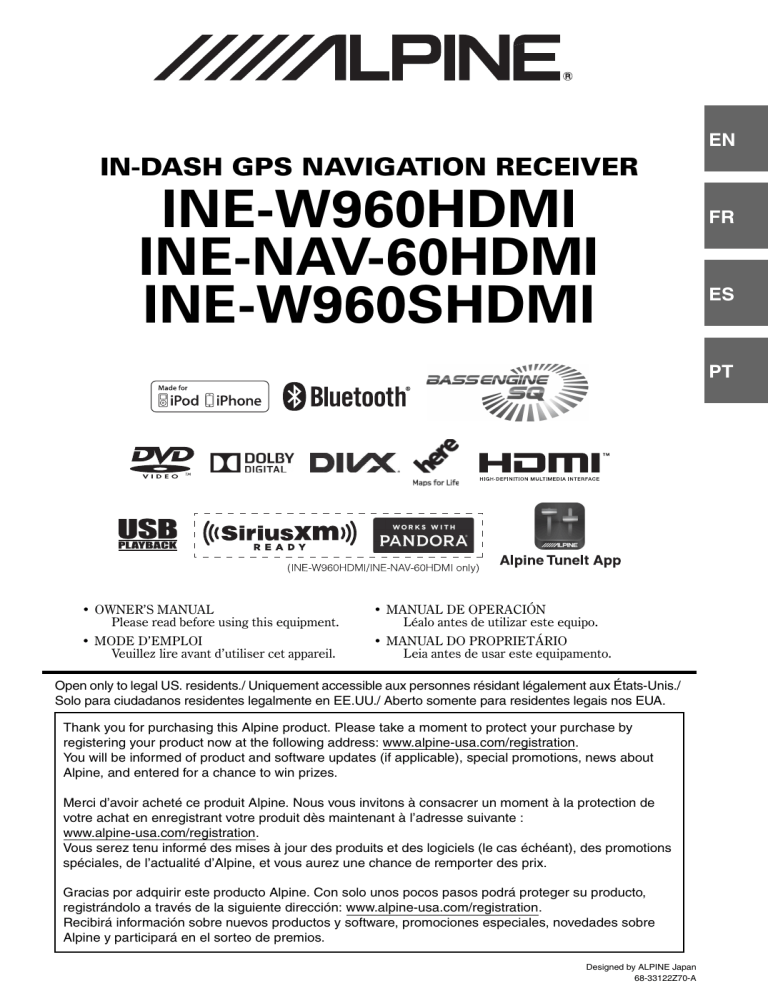 Alpine Electronics INE-W960HDMI, INE-W960SHDMI, INE-NAV60HDMI Operating instructions Alpine Electronics INE-W960HDMI, INE-W960SHDMI, INE-NAV60HDMI Operating instructions