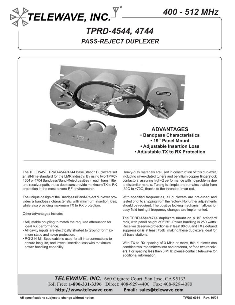 TPRD-4544 and 4744 Duplexers TPRD-4544 and 4744 Duplexers