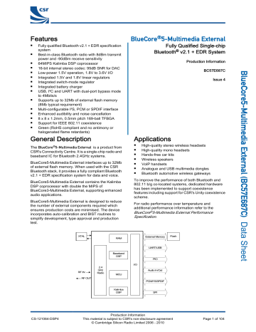 BlueCore5JMultimedia External (BC57E687C) Data Sheet BlueCore5JMultimedia External (BC57E687C) Data Sheet