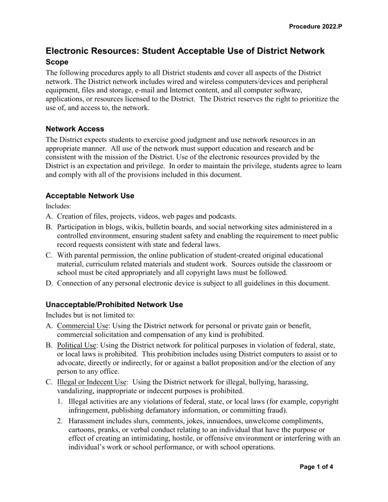 Student Acceptable Use of District Network Student Acceptable Use of District Network