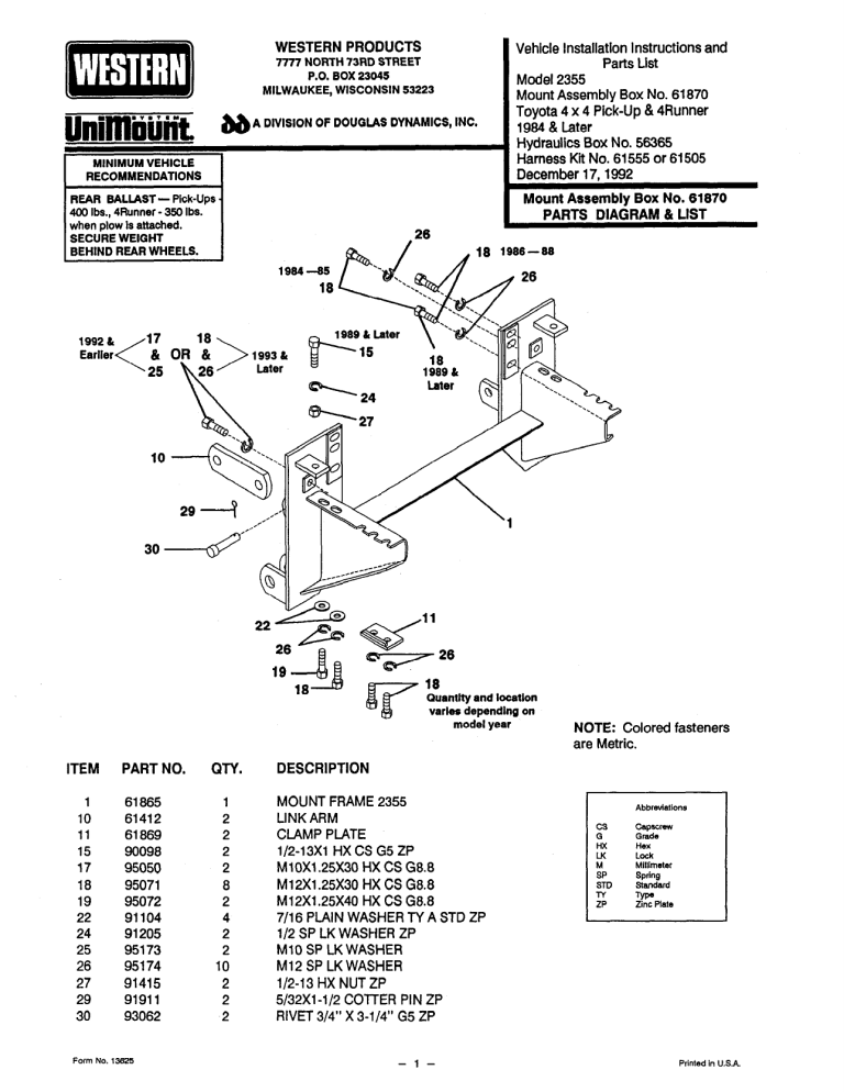 PL/II Mount Kit U Toyota Pick-Up 4X4 84-95 PL/II Mount Kit U Toyota Pick-Up 4X4 84-95