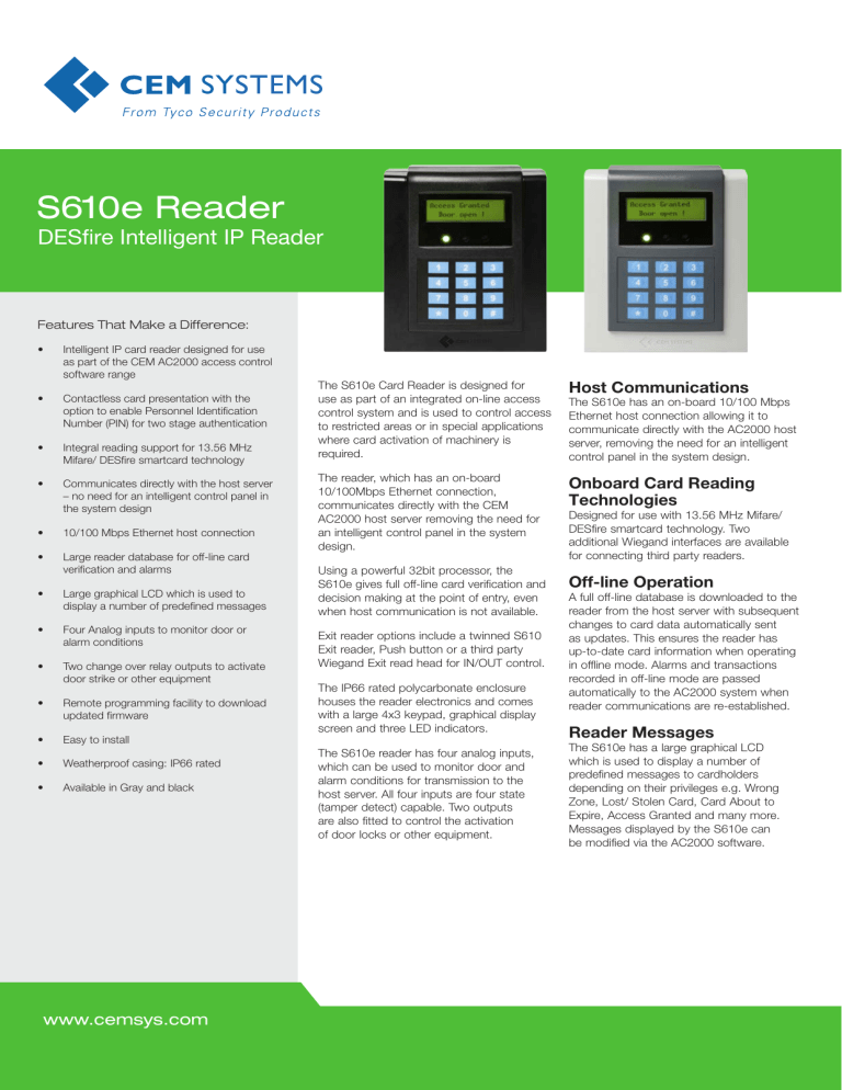 S610e Reader - CEM Systems S610e Reader - CEM Systems