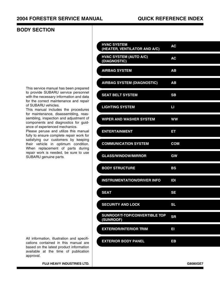 2004 forester service manual quick reference index body section 2004 forester service manual quick reference index body section