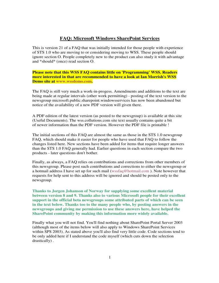 FAQ: Microsoft Windows SharePoint Services FAQ: Microsoft Windows SharePoint Services