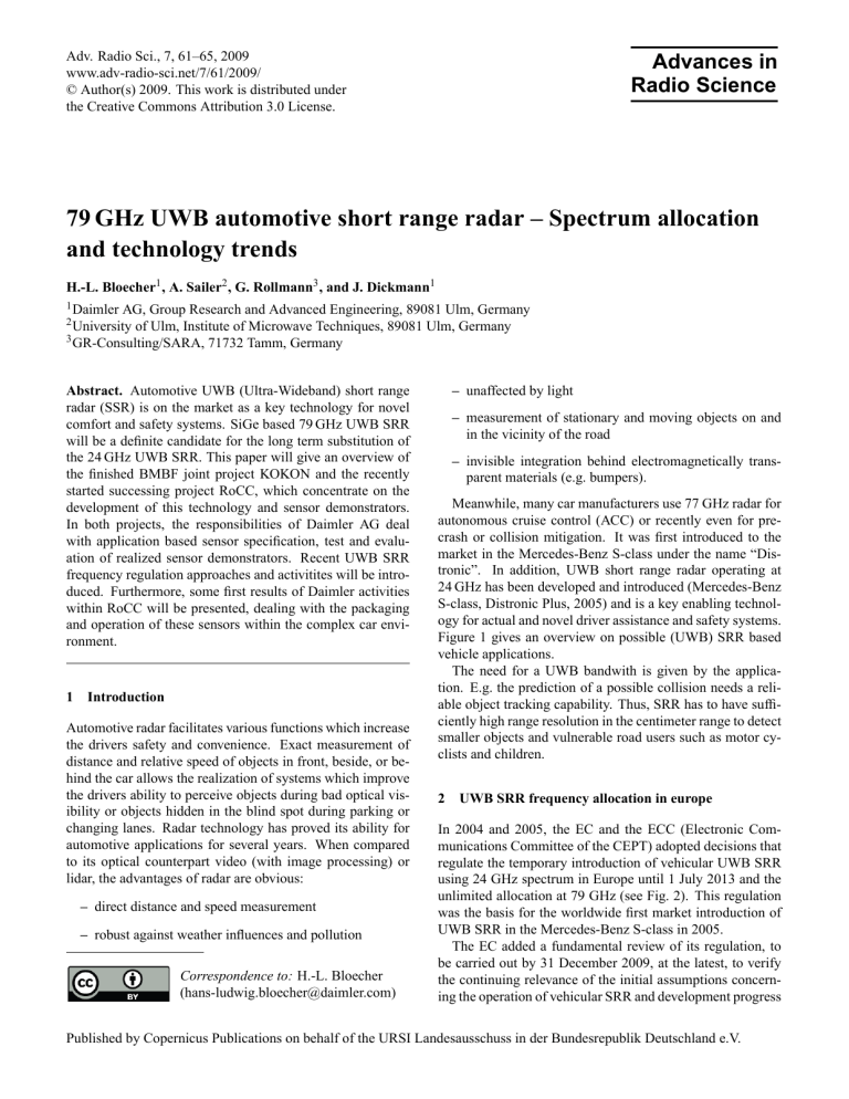 79 GHz UWB automotive short range radar – Spectrum allocation 79 GHz UWB automotive short range radar – Spectrum allocation