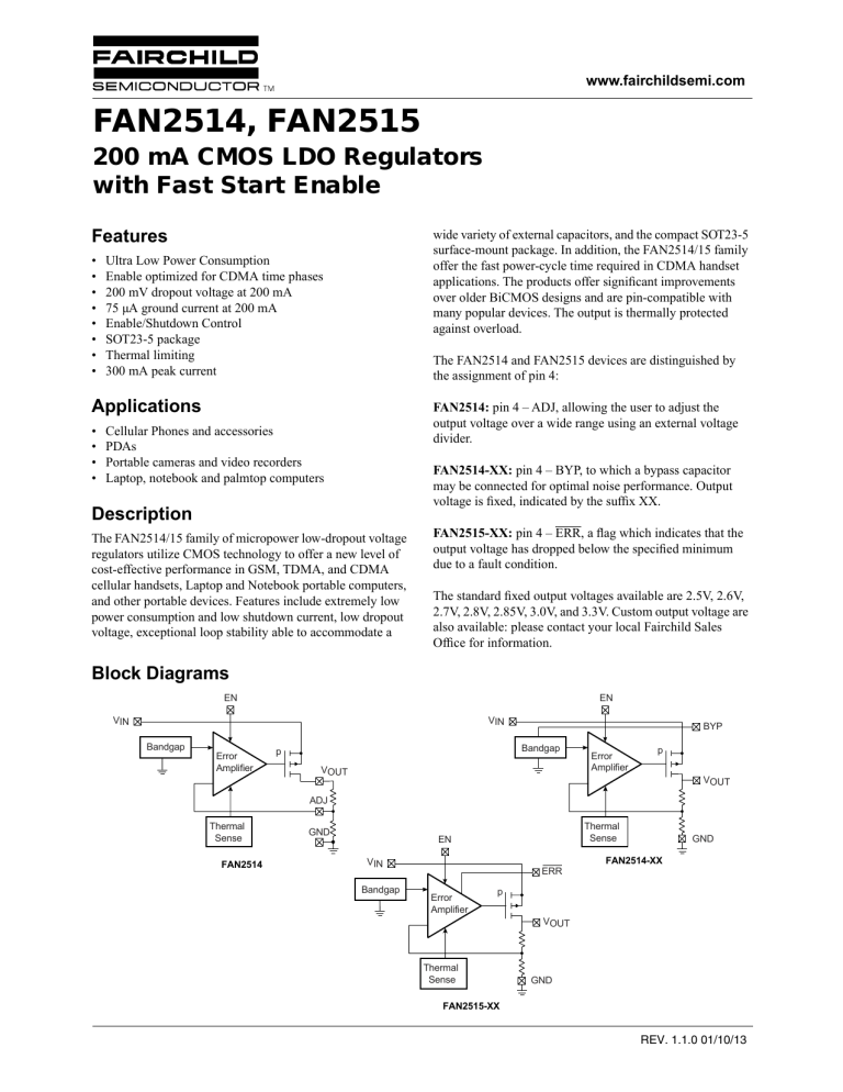 FAN2514/FAN2515 200 mA CMOS LDO Regulators with Fast Start FAN2514/FAN2515 200 mA CMOS LDO Regulators with Fast Start