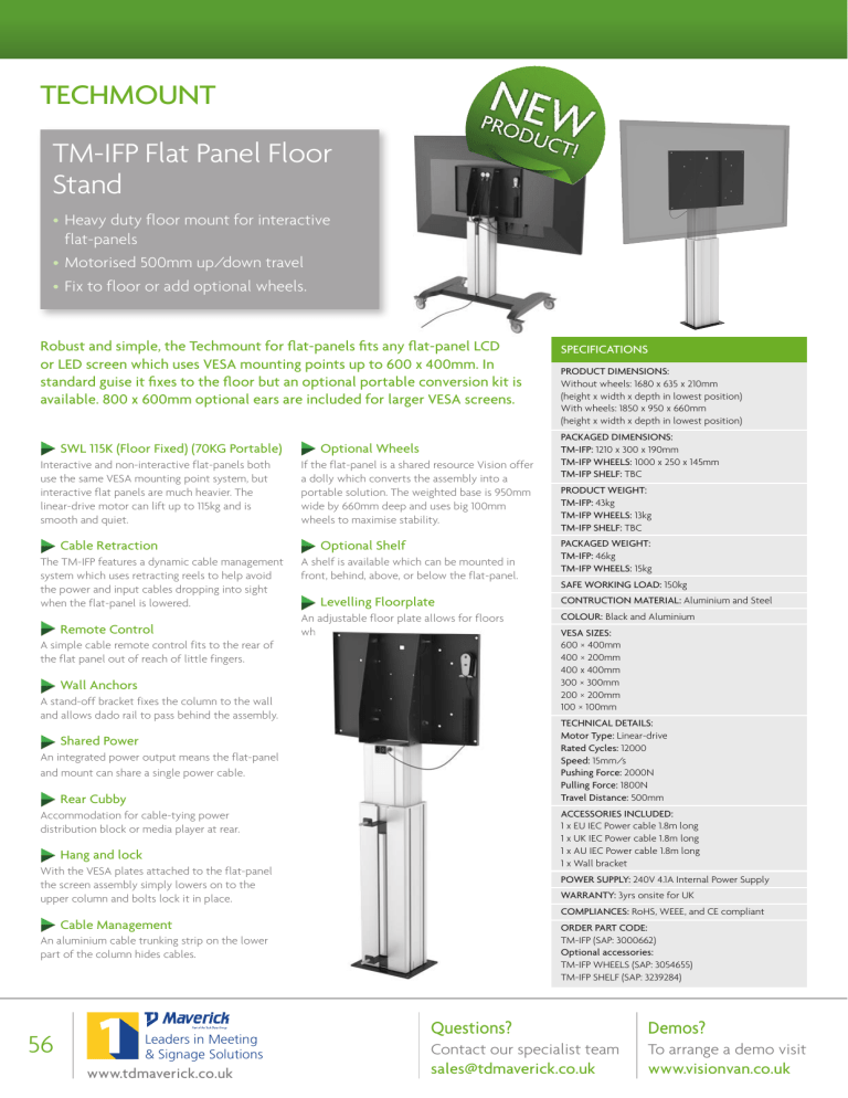 TECHMOUNT TM-IFP Flat Panel Floor Stand TECHMOUNT TM-IFP Flat Panel Floor Stand