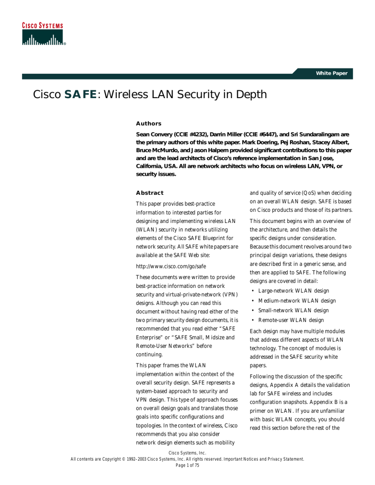 Cisco SAFE: Wireless LAN Security in Depth Cisco SAFE: Wireless LAN Security in Depth