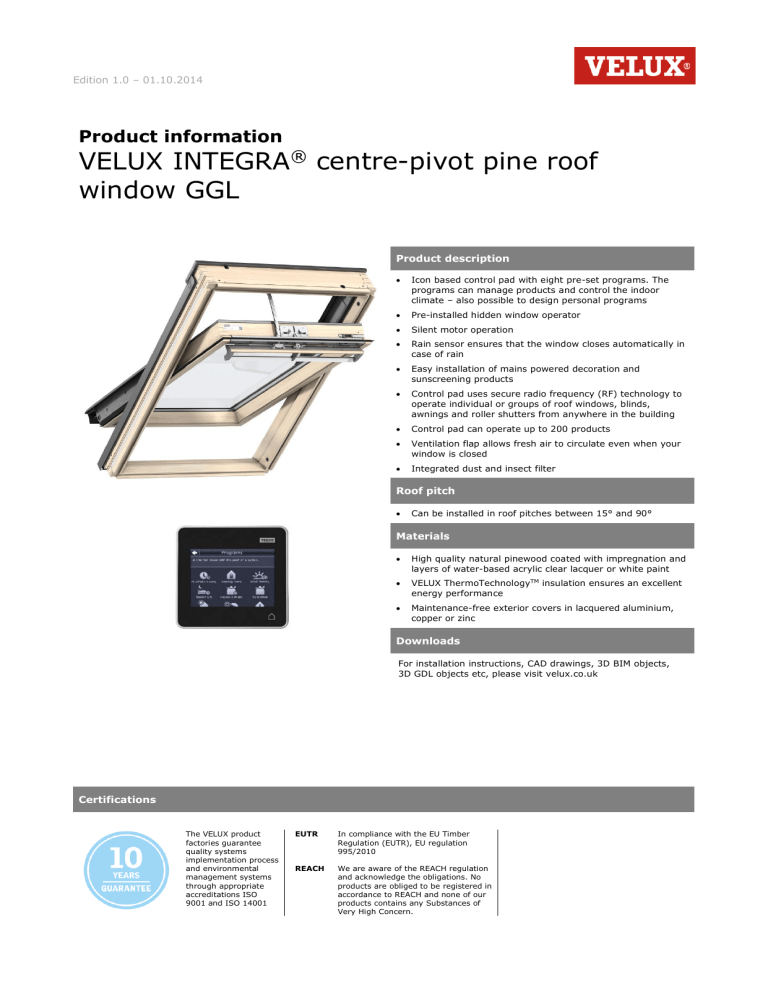 VELUX INTEGRA® centre-pivot pine roof window GGL VELUX INTEGRA® centre-pivot pine roof window GGL