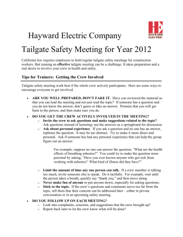 Hayward Electric Company Tailgate Safety Meeting for Year 2012 Hayward Electric Company Tailgate Safety Meeting for Year 2012