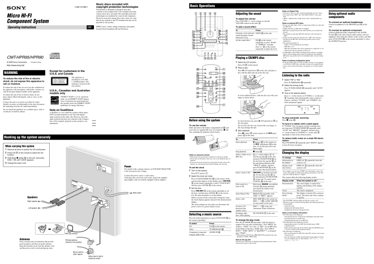Sony CMT-HPR90, CMT-HPR95 Operating instructions Sony CMT-HPR90, CMT-HPR95 Operating instructions
