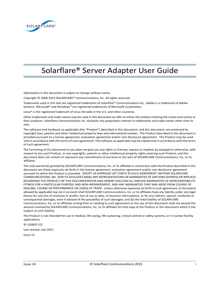 Solarflare Server Adapter User Guide Solarflare Server Adapter User Guide
