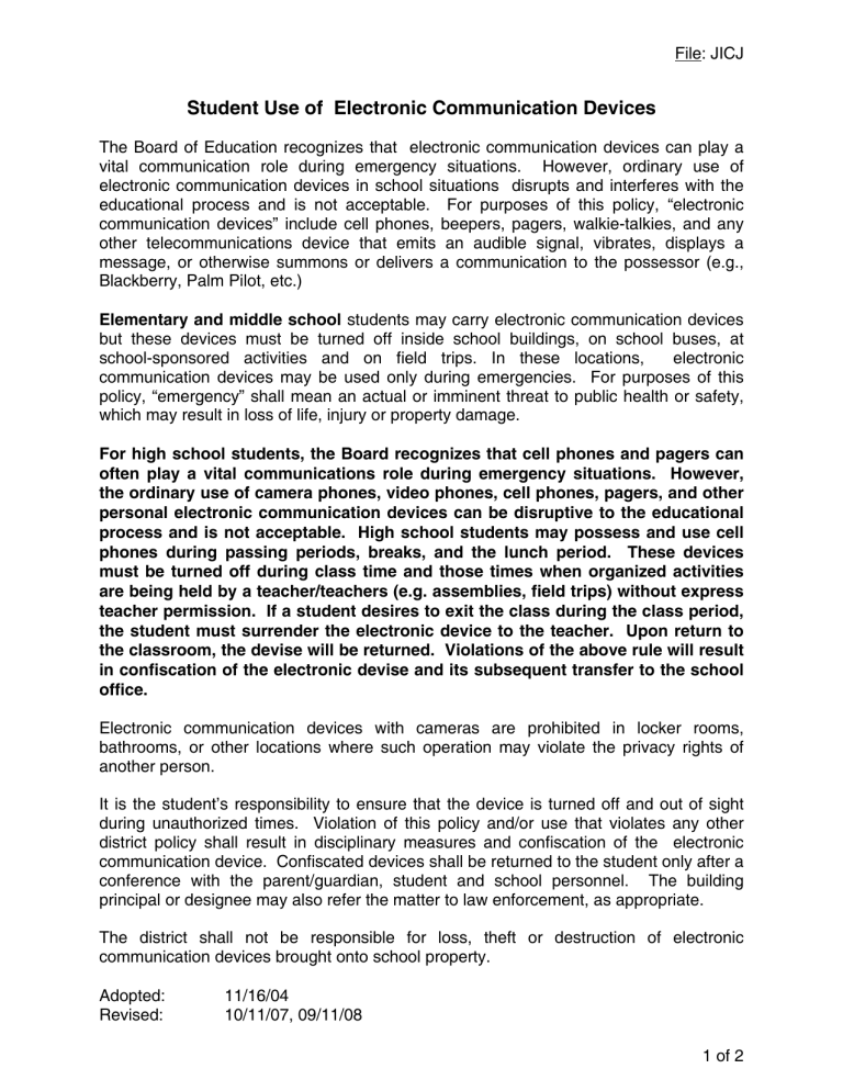 Student Use of Electronic Communication Devices Student Use of Electronic Communication Devices