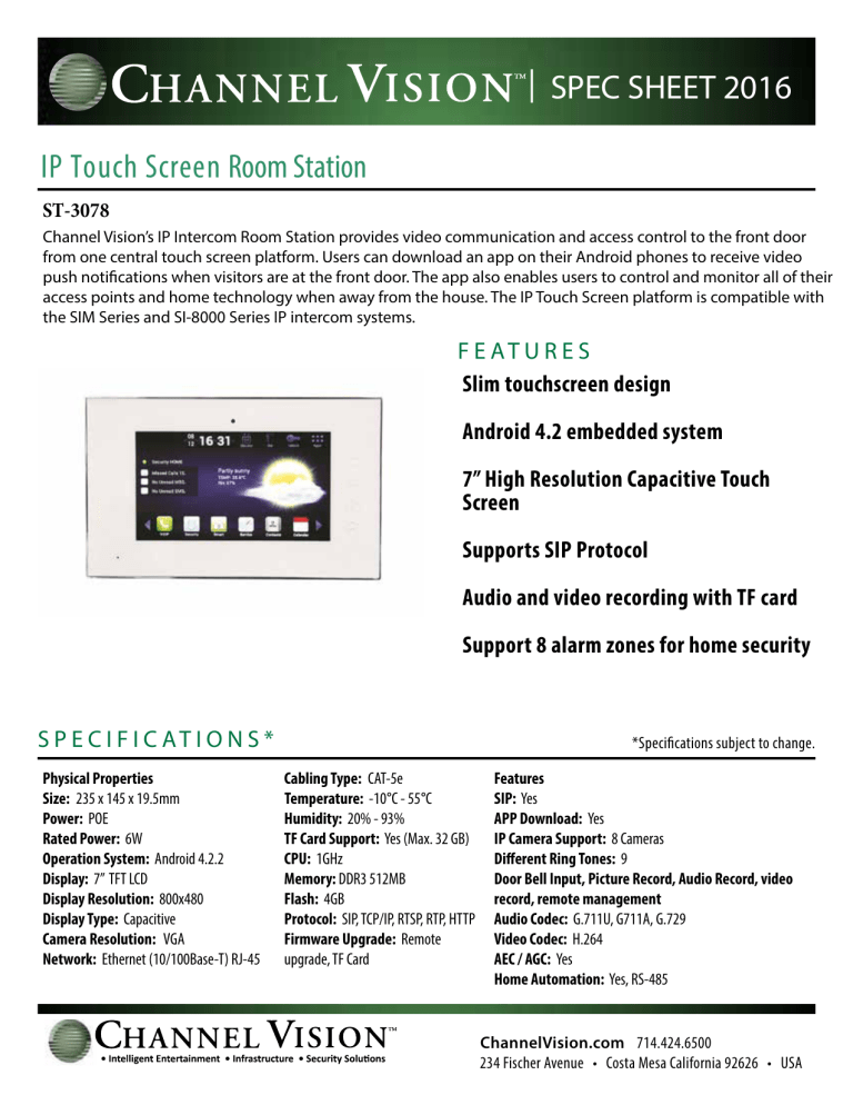 SPEC SHEET 2016 IP Touch Screen Room Station SPEC SHEET 2016 IP Touch Screen Room Station