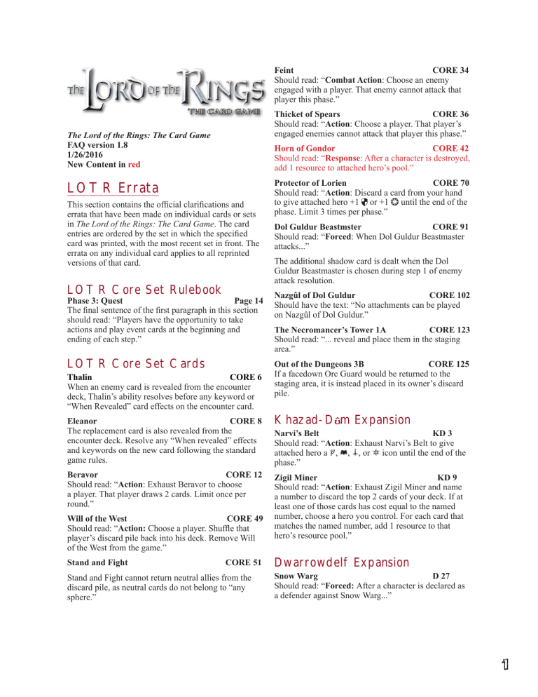 LOTR Errata - Fantasy Flight Games LOTR Errata - Fantasy Flight Games