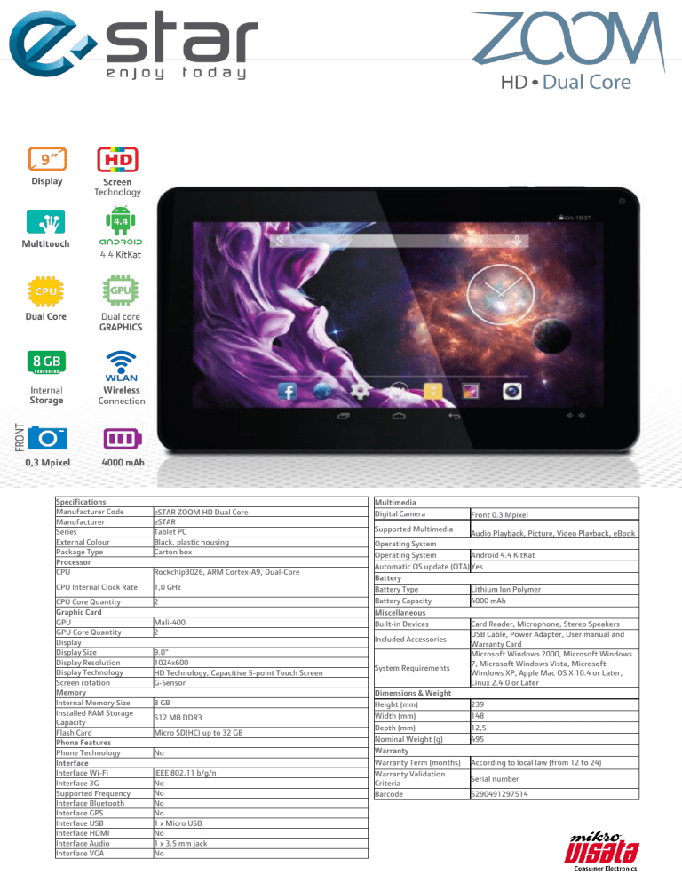 Specifications Manufacturer Code eSTAR ZOOM HD Specifications Manufacturer Code eSTAR ZOOM HD