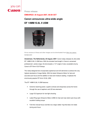 Canon announces ultra-wide angle EF 14MM f2.8L II USM Canon announces ultra-wide angle EF 14MM f2.8L II USM