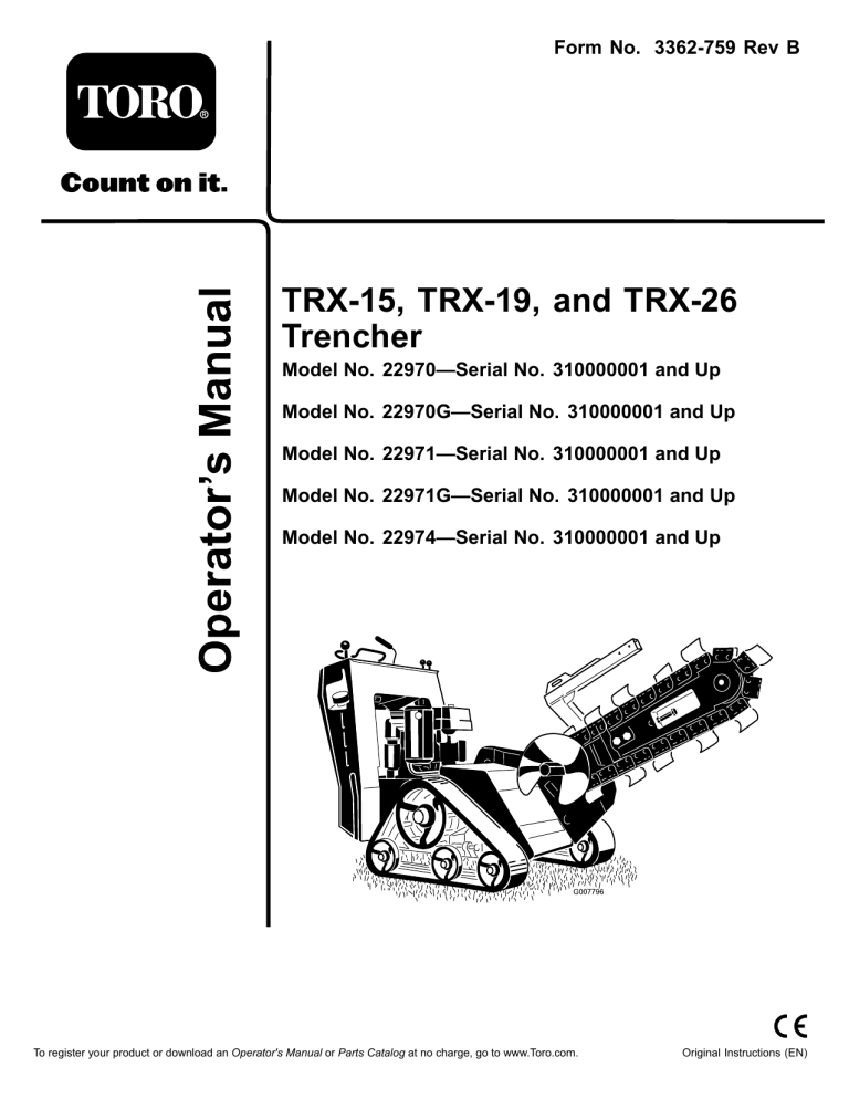 Toro TRX-15 Trencher, TRX-26 Trencher, TRX-19 Trencher User manual Toro TRX-15 Trencher, TRX-26 Trencher, TRX-19 Trencher User manual