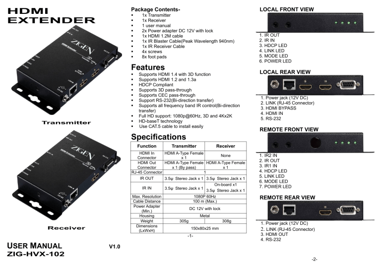 HDMI EXTENDER Features Specifications - AV-iQ HDMI EXTENDER Features Specifications - AV-iQ